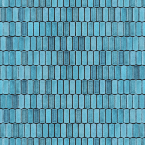 Blaue Wandfliesen in Picket-Form mit glänzender Oberfläche, vertikal verlegtes Muster.