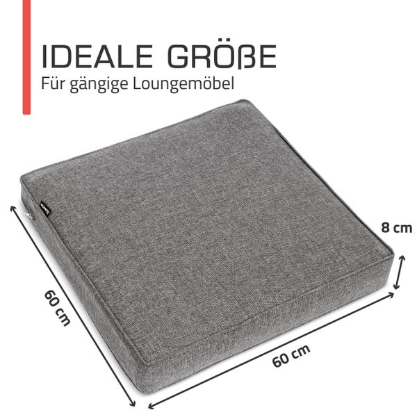 Quadratisches Loungekissen für Gartenmöbel mit den Maßen 60 mal 60 mal 8 Zentimeter.