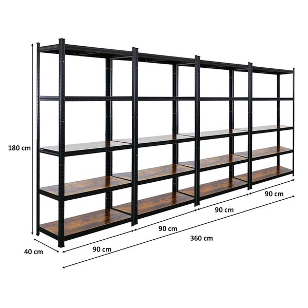 BERLINLODGE Mega Deal 4x Wohnregal Ragnar, HxBxT 180x90x40cm, Fachlast 100kg, Vintagebraun-Schwarz, Bücherregal, Standregal, Büroregal
