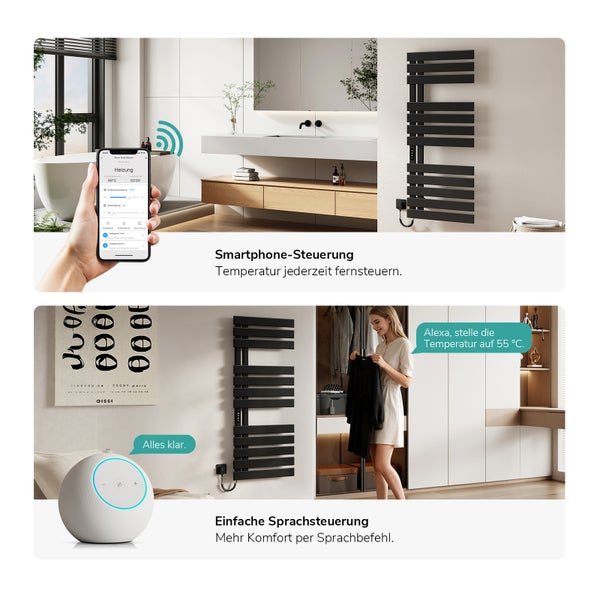 Moderne Badezimmer-Szenen mit einem schwarzen Wandheizkörper, der per Smartphone-App und Sprachsteuerung auf 55 Grad eingestellt wird.