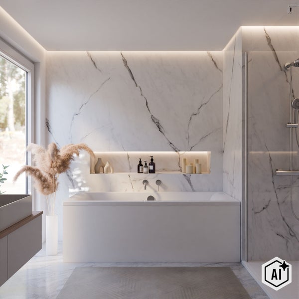 Modernes Badezimmer mit Marmoroptik Fliesen, weißer Einbaubadewanne, integrierter Nischenbeleuchtung und angrenzender Duschkabine.