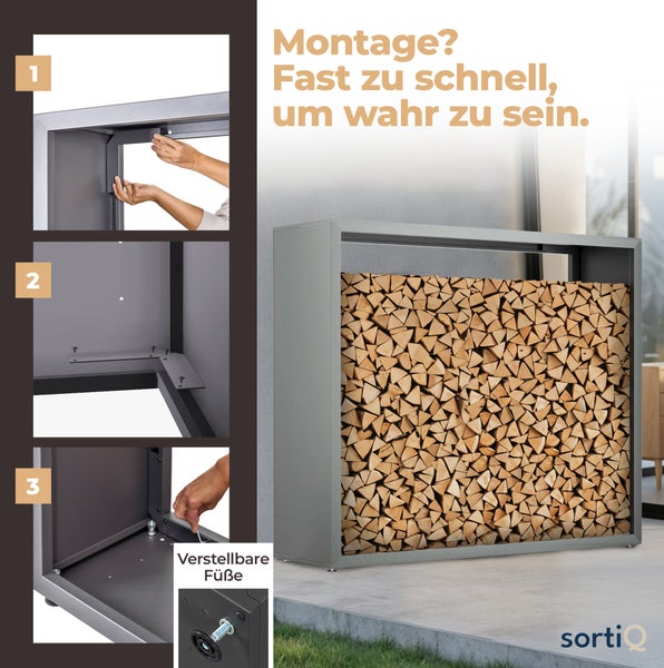 Bilder zeigen die Montage des SortiQ Kaminholzregals mit verstellbaren Füßen