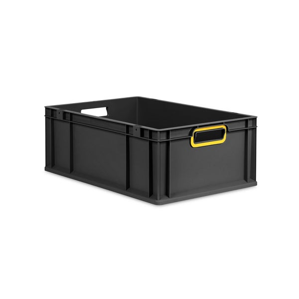 Eurobox NextGen Color, HxBxT 22x40x60cm, 44 Liter, Griffe gelb offen, Verstärkter Boden, Schwarz, Eurobehälter, Transportbox, Transportbehälter, Stapelbehälter