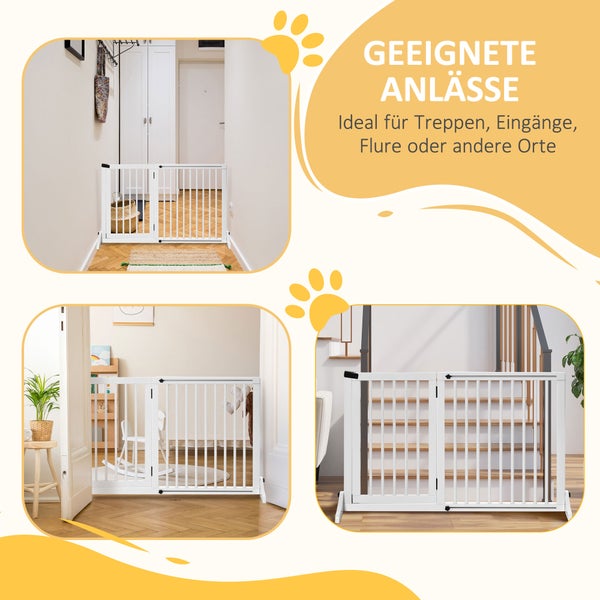 PawHut Absperrgitter Hunde Türschutzgitter Schutzgitter aus Holz Freistehendes Hundegitter mit Tür Hundeabsperrgitter Konfigurationsgitter für Kamin & Ofen Weiß 113-166 x 36 x 71 cm