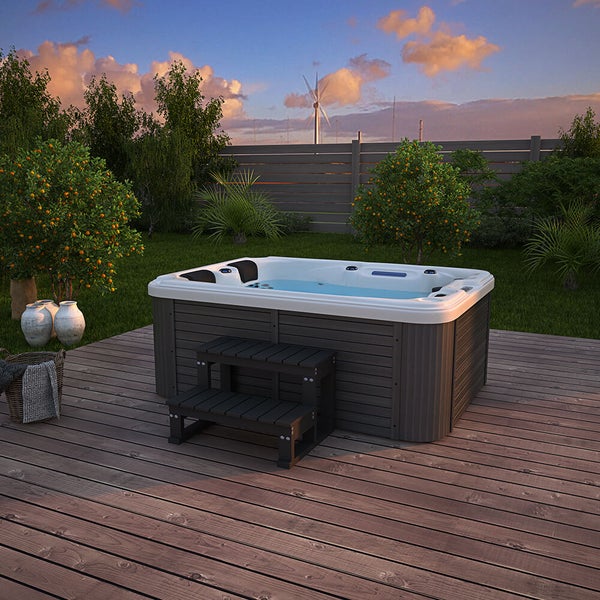Home Deluxe - Outdoor Whirlpool - Beach Plus Treppe und Thermoabdeckung - Maße: 210 x 155 x 83 cm - Inkl. Heizung, 51 Massagedüsen und 24 Lichtquellen I Außen Whirlpool für 3 Personen