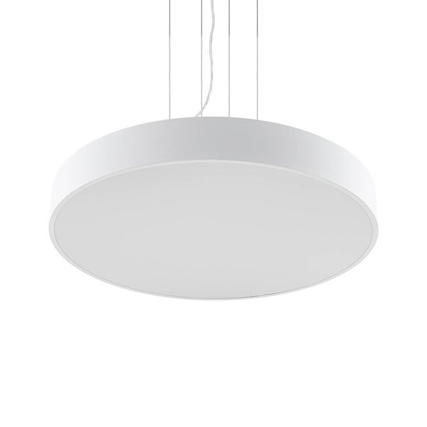 Runde weiße LED-Pendelleuchte mit Seilaufhängung.