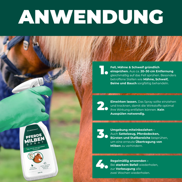 Silberkraft Milbenspray Pferde 500 ml, Effektiver Milbenschutz & Parasitenabwehr, Soforthilfe bei Juckreiz, Langzeitschutz gegen Milben, Flöhe & Läuse, wirksame Formel zur Insektenabwehr