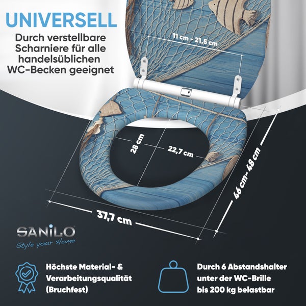 WC Sitz mit maritimen Fischernetz Motiv, verstellbaren Scharnieren und 6 Abstandshaltern, belastbar bis 200 Kilogramm, Sanilo Logo.
