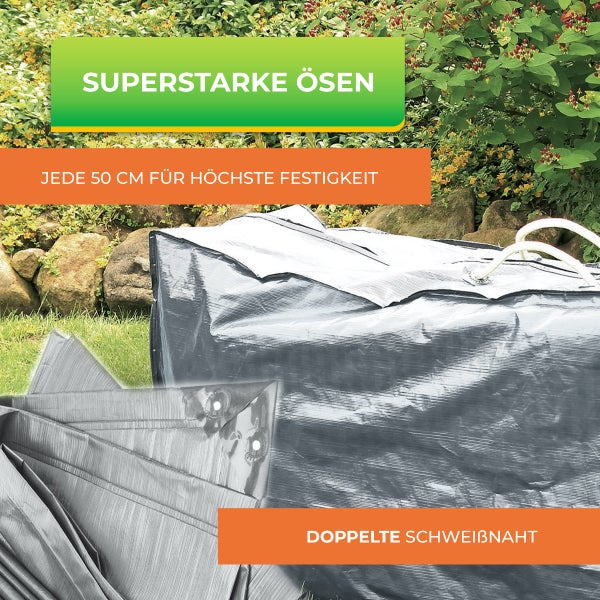 Graue Abdeckplane mit superstarken Ösen alle 50 Zentimeter und doppelter Schweißnaht für maximale Festigkeit im Garten.