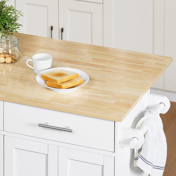 Kücheninsel mit Schublade, Schrank und Handtuchhalter auf einem hellen Holzboden mit Lebensmitteln