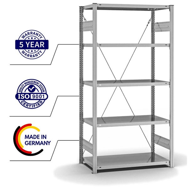 PROREGAL Fachbodenregal Stecksystem T-Profil Light-Duty Grundregal HxBxT 200 x 100 x 50 cm 5 Ebenen Fachlast 140 kg Einseitig Nutzbar Verzinkt