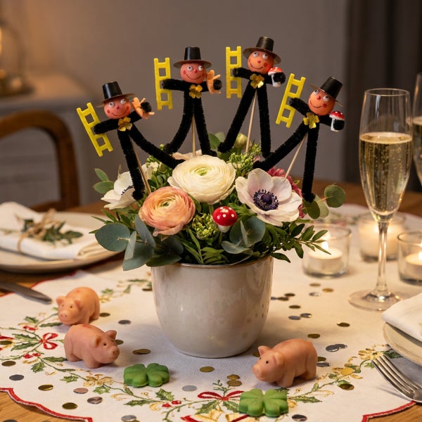 Silvester Tischdekoration mit Blumenstrauß in Keramiktopf, Schornsteinfeger Figuren und Glücksschweinchen als Tischschmuck zum Jahreswechsel