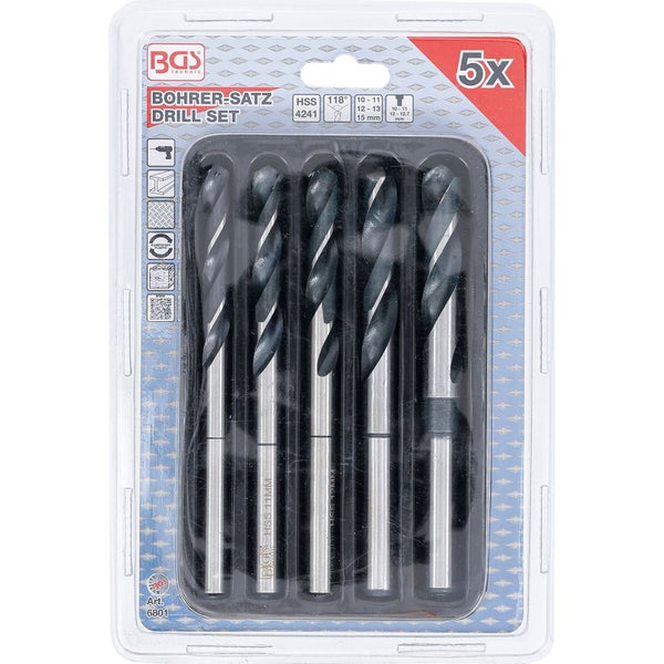 BGS Technic Bohrerset mit fünf HSS-Bohrern im Kunststoffbehälter