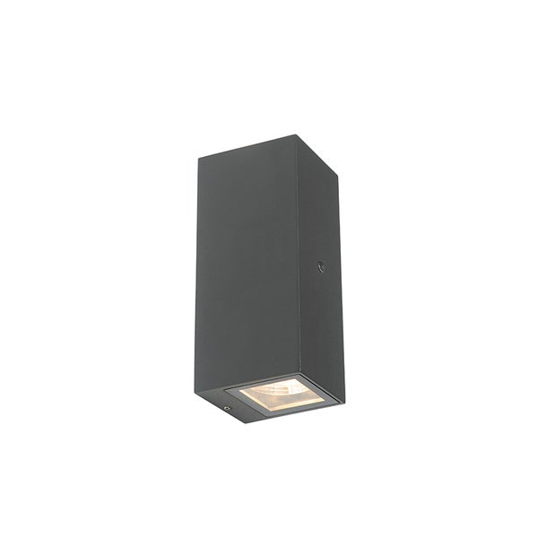 Rechteckige Wandleuchte für den Außenbereich in Anthrazit mit Lichtaustritt nach unten.