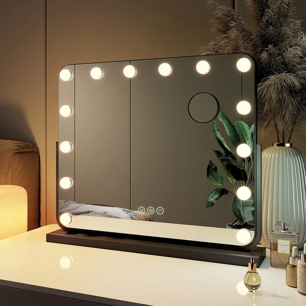 EMKE Hollywood Schminkspiegel mit Beleuchtung, 14 dimmbare LED-Lichtkugeln, 3 Lichtmodi, Touch-Steuerung, 360° drehbarer Standspiegel & Wandspiegel, 7x Vergrößerung, für Schlafzimmer & Schminktisch, 60 x 51,6 cm, Schwarz
