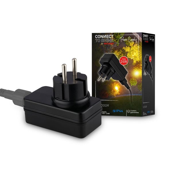Schwarzes Briloner Netzteil Connect to Shine für den Außenbereich, 12 Volt, 24 Watt, Schutzart IP44.