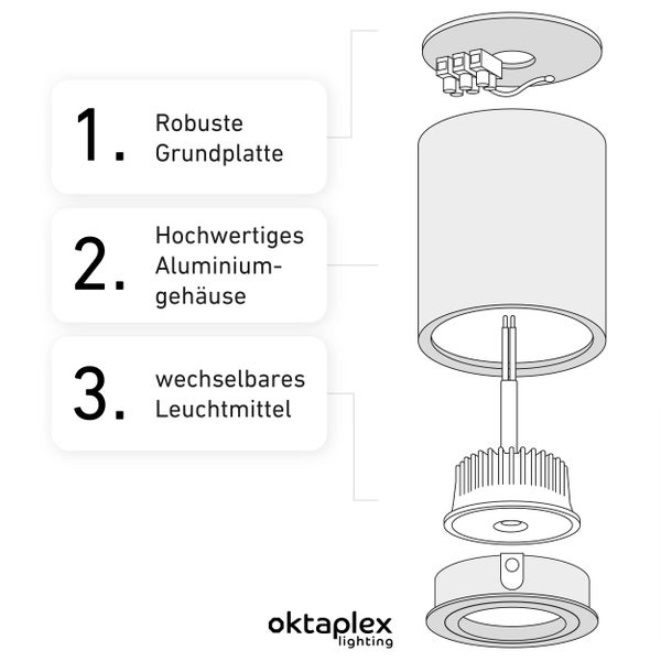 Aufbauspot Schwarz 3000K Warmweiß 6 Stück Aufputz Leuchte 3-stufig dimmbar LED Modul 4,8W 380 Lumen Alu Schwenkbar