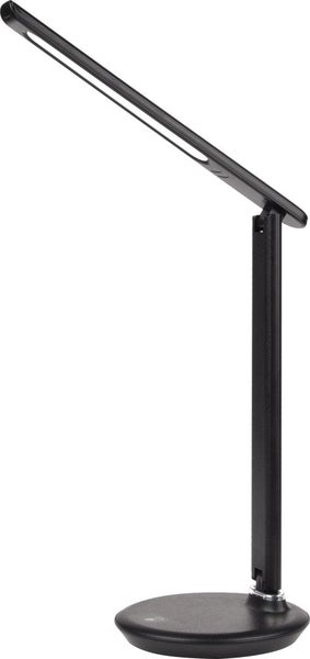 Schwarze LED-Schreibtischleuchte mit verstellbarem Arm und rundem Standfuß.