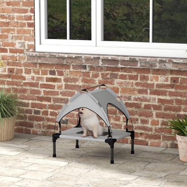 PawHut Erhöhtes Hundebett mit Baldachin, Haustierbett, Outdoor Hundeliege mit Dach, Atmungsaktiv, für Mini- und Kleinhunde Hellgrau Oxford 61 x 46 x 63 cm
