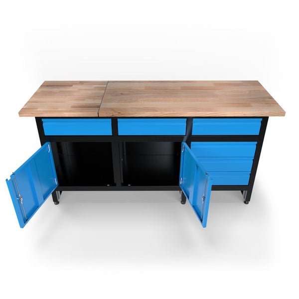 Werkbank mit Massivholzplatte, blauen Metallschubladen und zwei offenen Türen an einem schwarzen Metallgestell.