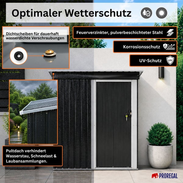 Gartenhaus aus verzinktem Stahl mit Pultdach, UV-Schutz, Korrosionsschutz und wasserdichten Verschraubungen. Proregal Logo.