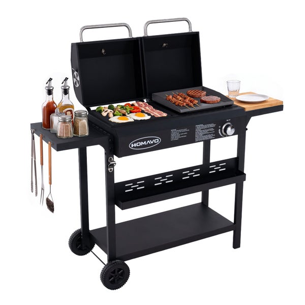 HOMAVO Logo. Mobiler Gasgrill mit zwei klappbaren Deckeln, Grillplatte, Rost, Besteckhaltern, zwei Seitenablagen und zwei Ablageböden.