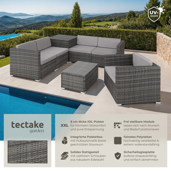Rattan Lounge tectake Pisa inklusive großer Aufbewahrungsbox für 5 Personen grau