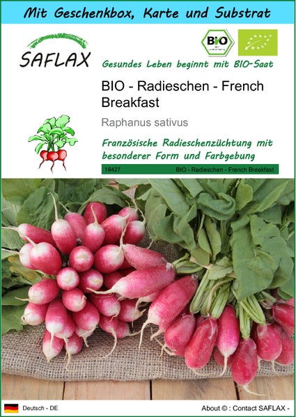 SAFLAX Geschenk Set - BIO - Radieschen - French Breakfast - Raphanus sativus - 150 Samen - Mit Geschenkbox, Versandaufkleber, Geschenkkarte und Anzuchtsubstrat