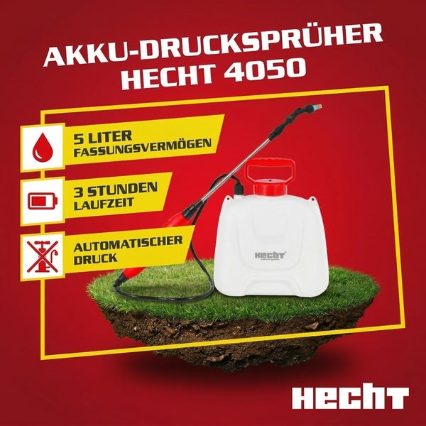 Akku-Drucksprüher Hecht 4050 mit 5 Liter Fassungsvermögen, 3 Stunden Laufzeit und automatischem Druck. Hecht Logo.