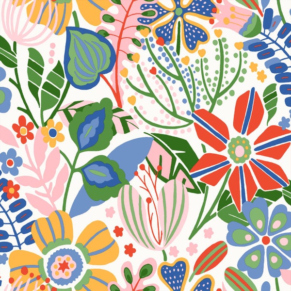 Tapete mit buntem, abstraktem Blumenmuster und stilisierten Blättern.