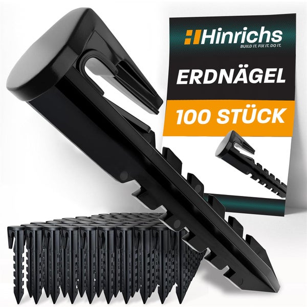 Hinrichs Erdnägel aus schwarzem Kunststoff mit Widerhaken und Haken, 100 Stück, Hinrichs Logo.
