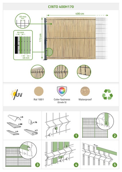 CINTO Sichtschutzzaun 400x170 cm mit UV-Schutz, Farbechtheit Grad 5 und wasserabweisenden Eigenschaften, Montageanleitung enthalten