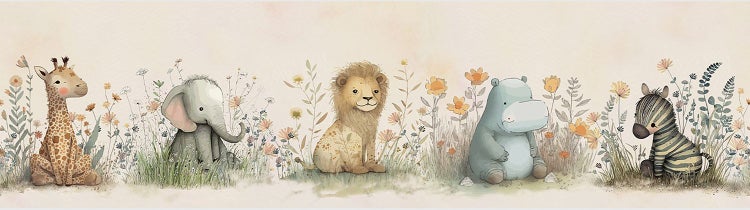 Wandbordüre mit Safari-Tieren in Aquarell-Optik in einem hellen Kinderzimmer mit einem gestreiften Bettbezug und Spielzeug auf dem Nachttisch.