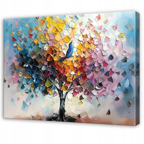 Wandbild mit abstraktem Baum und Vogel in Spachteltechnik auf Leinwand