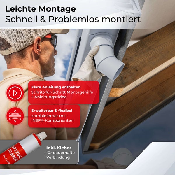 Montage eines INEFA Fallrohrbogens für die Dachrinne mit Spezialkleber an einem Holzdach. Inklusive Anleitung und Video.