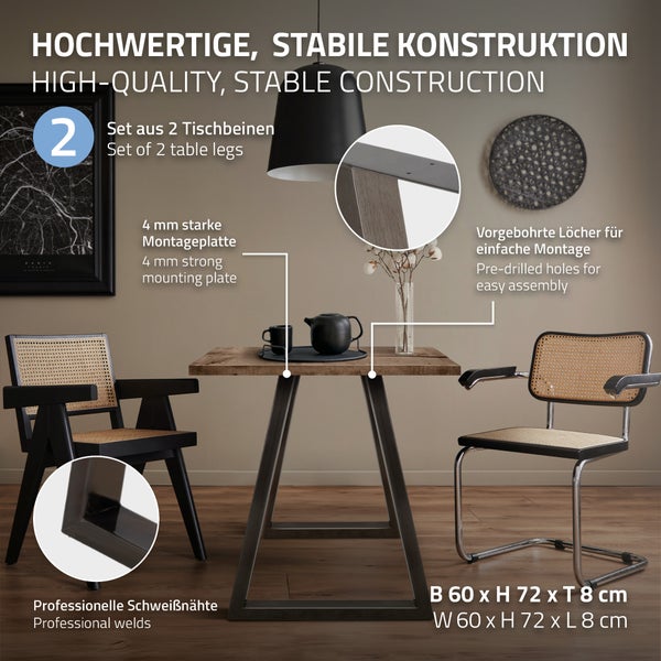 ECD Germany 2x Tischbeine Trapez Design, 60 x 72 cm, Dunkelgrau, aus pulverbeschichtetem Stahl, Industriedesign, Metall Tischkufen Tischuntergestell Tischgestell Möbelfüße, für Esstisch, Schreibtisch