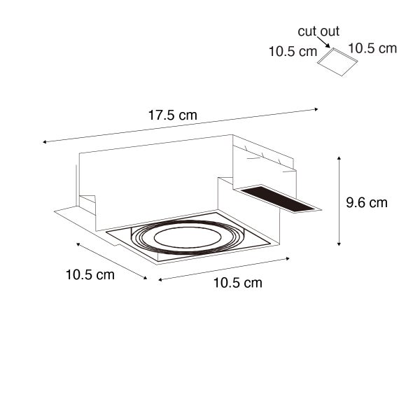 Maßskizze eines Einbaustrahlers: Breite 17.5 Zentimeter, Tiefe 10.5 Zentimeter, Höhe 9.6 Zentimeter, Ausschnitt 10.5 mal 10.5 Zentimeter.