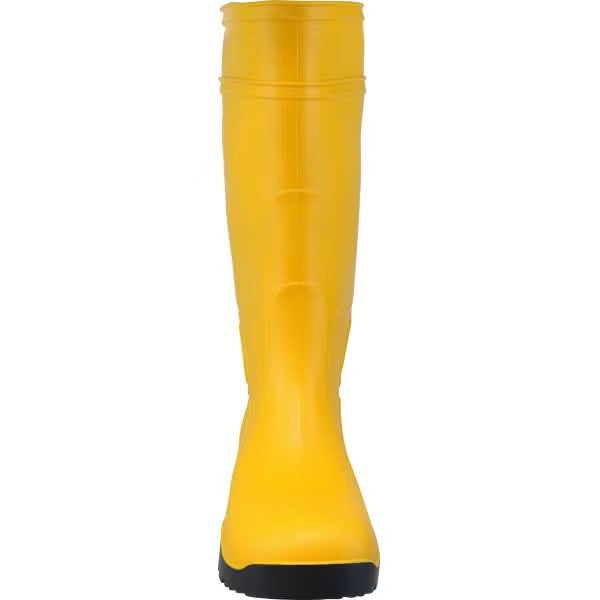 Gelber Gummistiefel mit schwarzer Sohle in der Vorderansicht.
