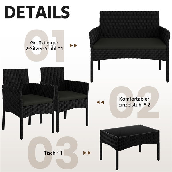 Details eines schwarzen Gartenmöbelsets bestehend aus einem Zweisitzer, zwei Einzelstühlen und einem Tisch