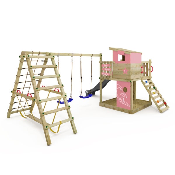 WICKEY Spielturm Klettergerüst Smart Surf mit Schaukel und Rutsche, Kletterturm mit Sandkasten, Leiter und Spiel-Zubehör – pastellpink