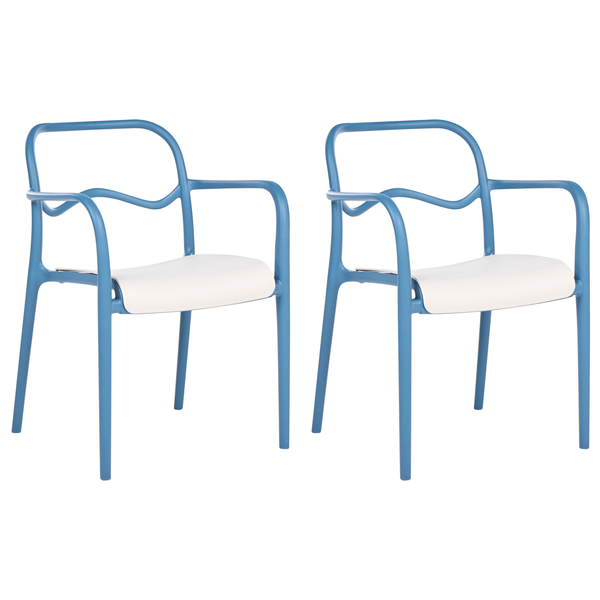Zwei blaue Stühle mit Armlehne und weißer Sitzfläche