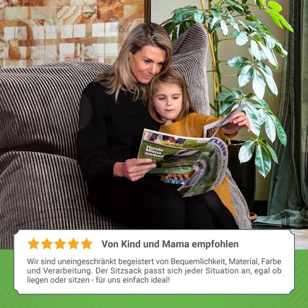 Green Bean XXL Sitzsack aus Cordstoff 370 Liter EPS-Perlen Füllung - Kuschelig Weich Robust & Waschbarem-Stoff Bodenkissen Liegekissen Sitzkissen - Grau