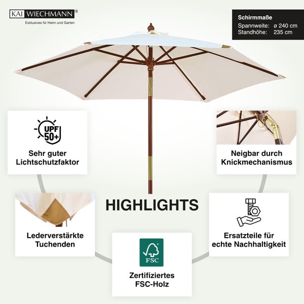 Sonnenschirm 240 cm weiß naturweiß ecru creme beige kippbar Windauslass UV-Schutz 50