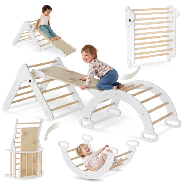 Mehrteiliges Klettergerüst Set aus Holz für Kinder bestehend aus Kletterbogen Rutsche und Kletterdreieck für aktives Spielen und Motoriktraining