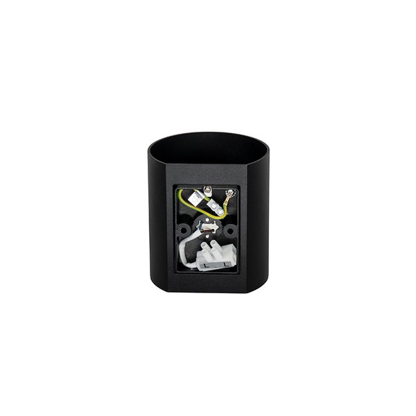 Schwarze Wandleuchte mit offenem Anschlussraum für Elektroinstallation