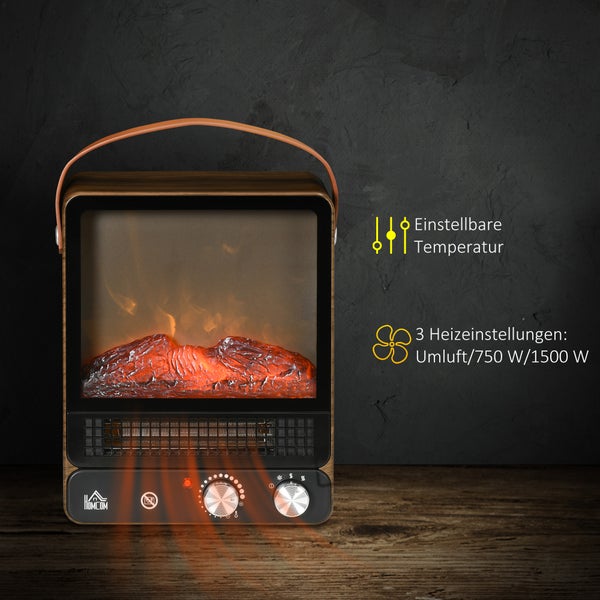 HOMCOM Elektrokamin mit Flammeneffekt, Griff, 750/1500W, mit Überhitzungsschutz für Wohnzimmer & Innenräume, 35L x 26B x 33,5H cm, ABS, PC, Stahl, gehärtetes Glas, Gelb+Grün