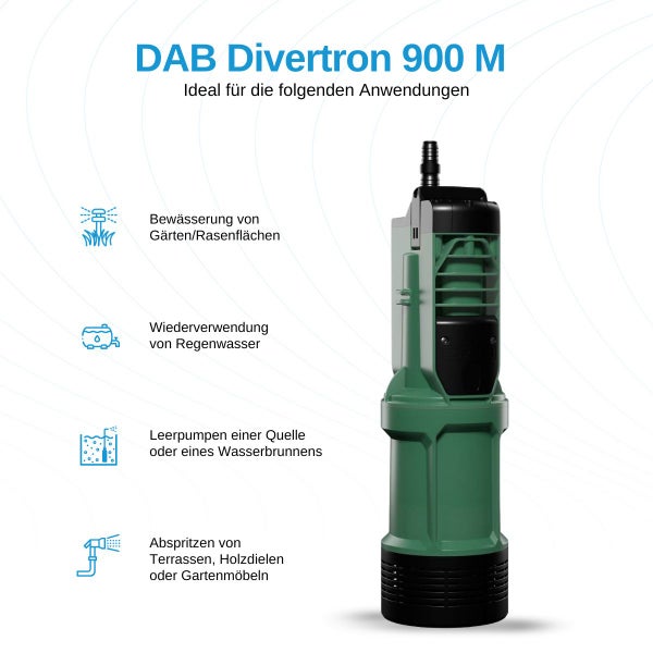 Tauchdruckpumpe DAB Divertron 900 M mit Anwendungen für Gartenbewässerung, Regenwassernutzung, Brunnenentleerung und Reinigungsarbeiten.
