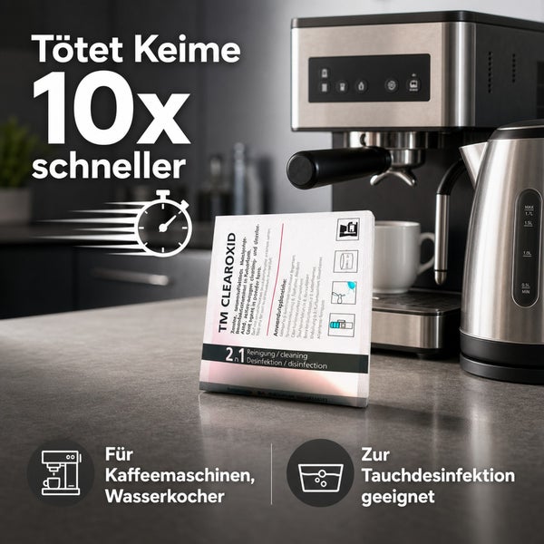TM CLEAROXID Reinigungsmittel für Kaffeemaschinen und Wasserkocher, 2 in 1 Desinfektion und Reinigung, schnell wirksam gegen Keime.