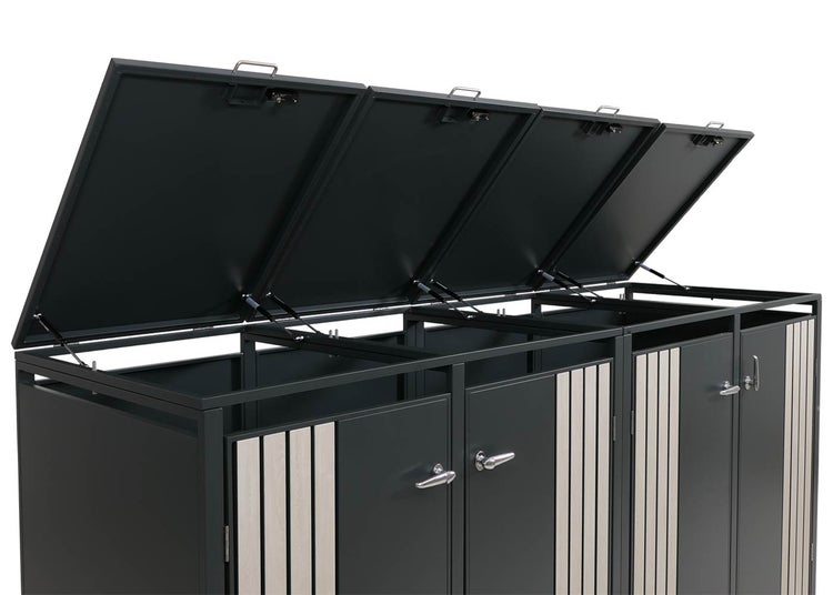 Mülltonnenbox für drei Mülltonnen mit geöffneten Klappen
