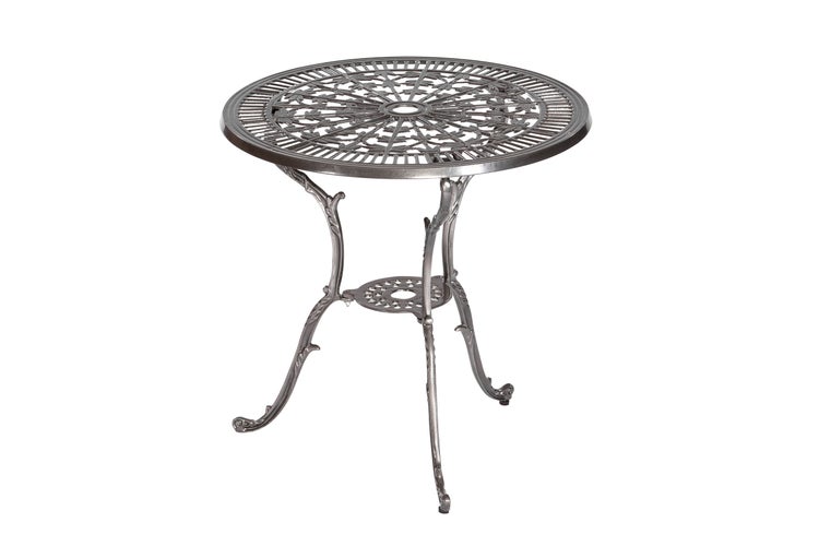 Gartentisch aus Metall mit rundem Tischblatt und filigranem Muster